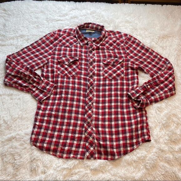 Roebuck & Co Red/White Plaid Flannel Button Down Shirt, Size Large - Picture 1 of 12